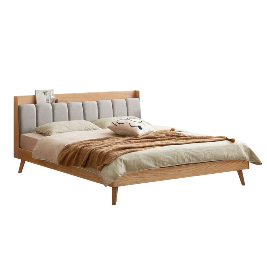 Oak Solid Wood Bed — Modern Minimalist Design with Upholstered Headboard and Piano Key Style