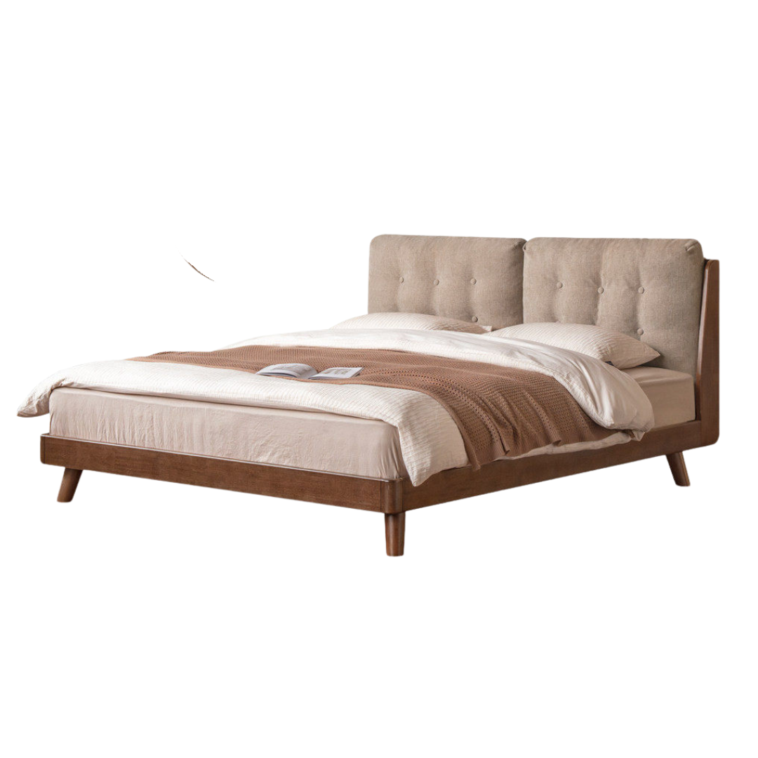 Rubberwood Solid Wood Bed with Oversized Soft Pillow Headboard