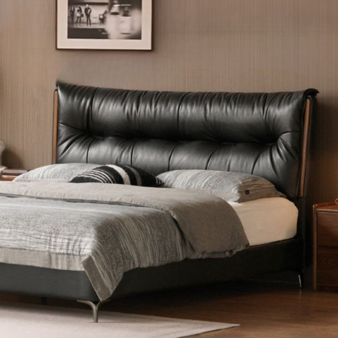 Genuine Leather Platform Bed with Wingback Tufted Headboard