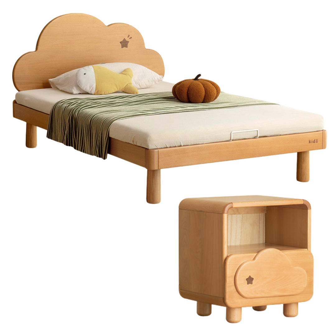 Beech Solid Wood Kids Montessori Platform Bed with Cloud Headboard