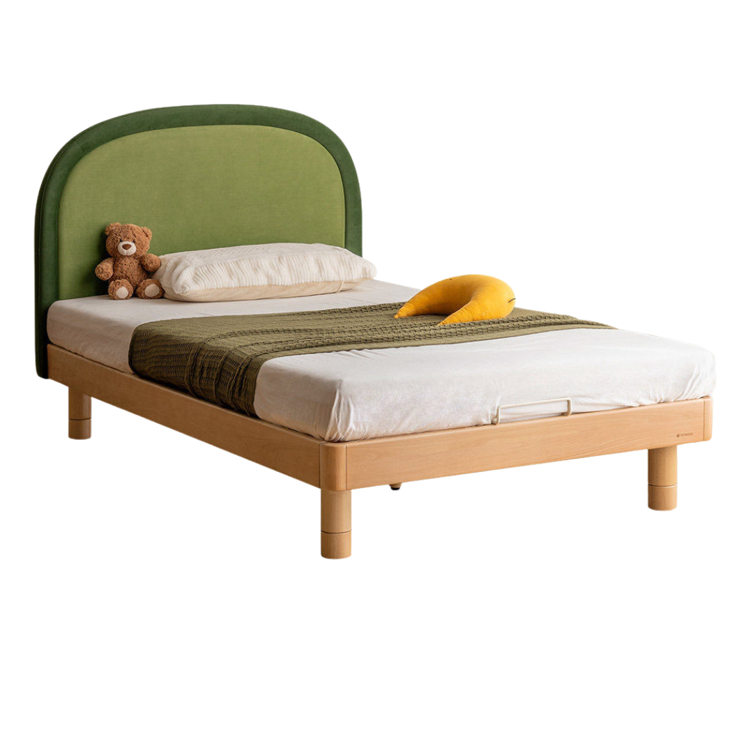 Beech solid wood Kids Bed with Round Headboard and Adjustable Height Legs