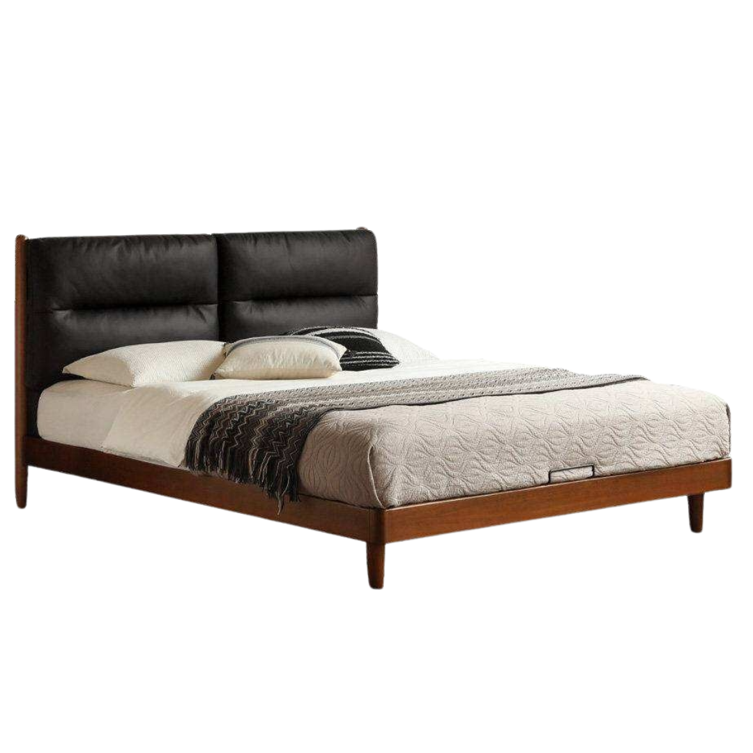 Poplar Solid Wood Mid Century Leather Bed with Padded Headboard