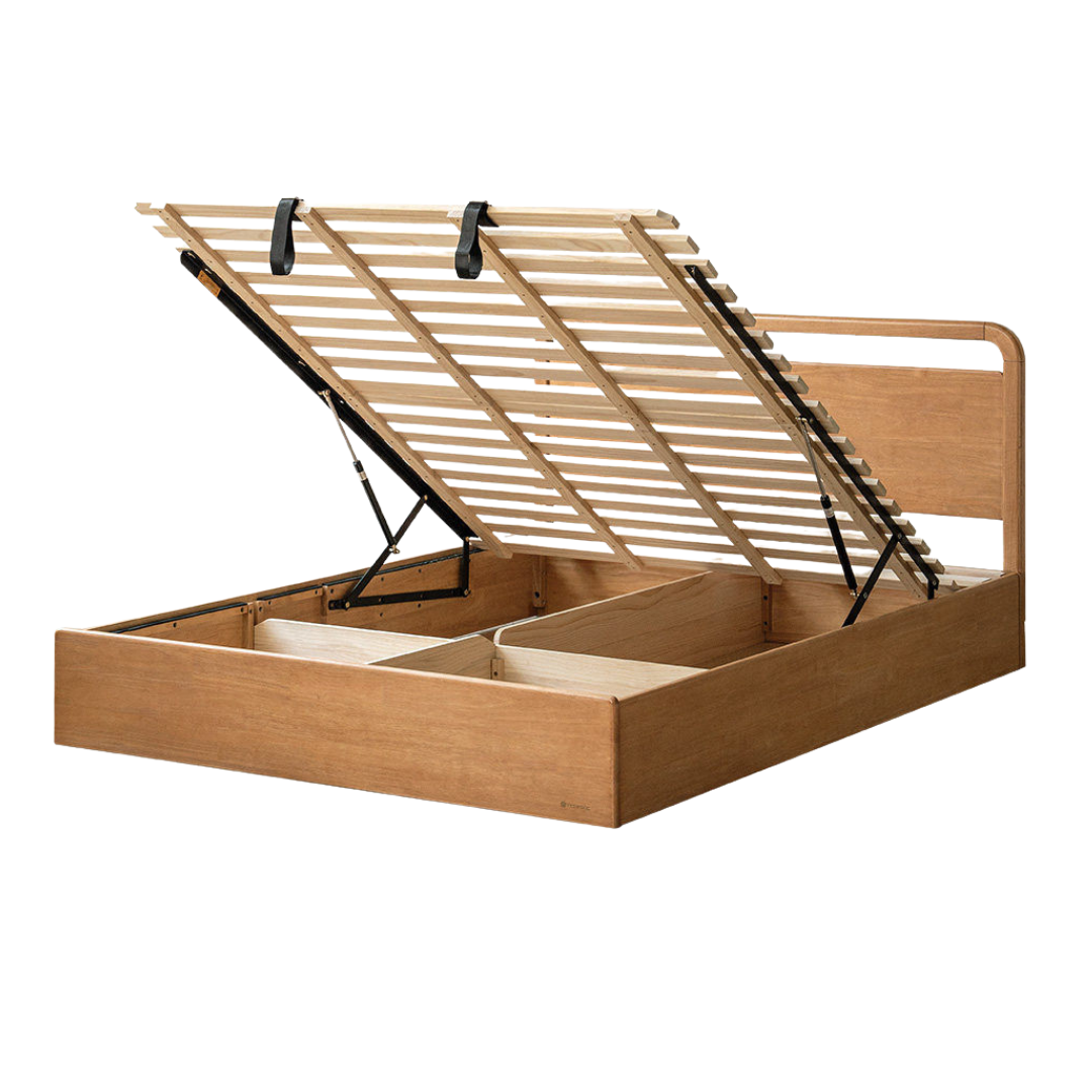 Oak, Rubberwood Solid Wood Storage Bed with Adjustable Height and Gas Lift