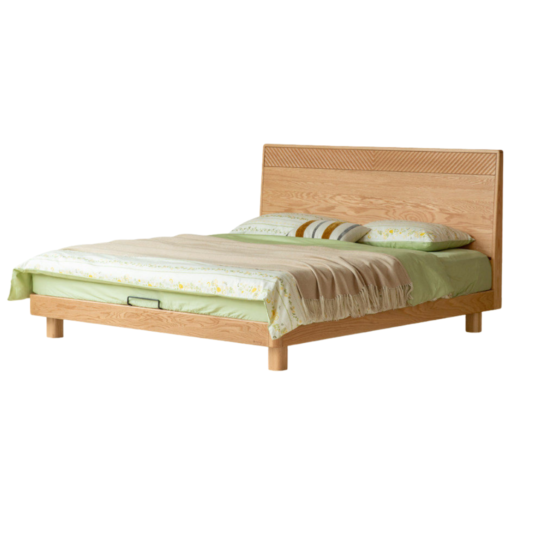 Oak Solid Wood Platform Bed with Grooved Panel Headboard Accent