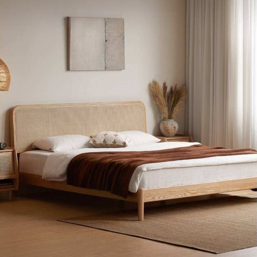 Oak Solid Wood Platform Bed with Curved Rattan Headboard