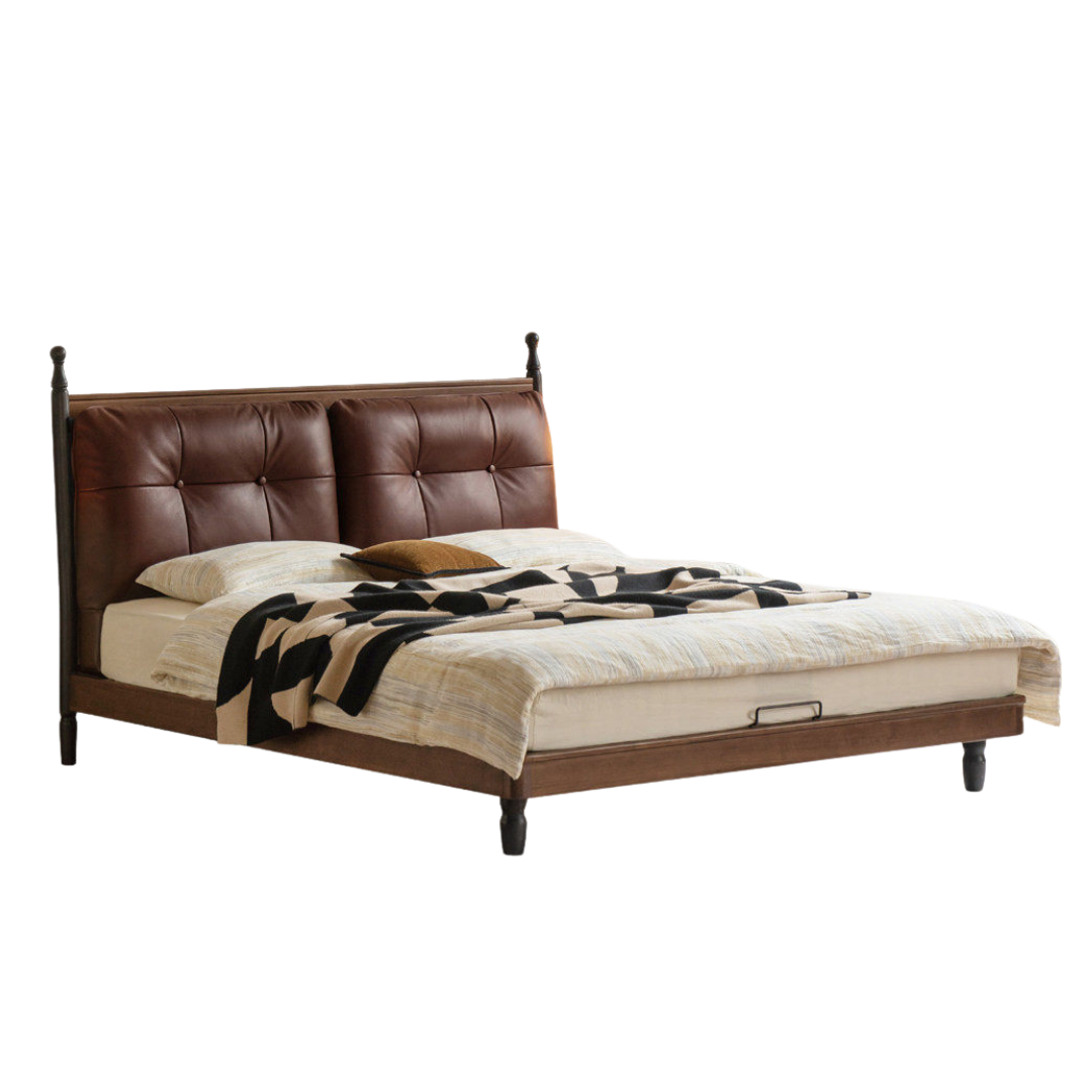 Black Walnut Solid Wood Leather Four Poster Bed with Tufted Headboard