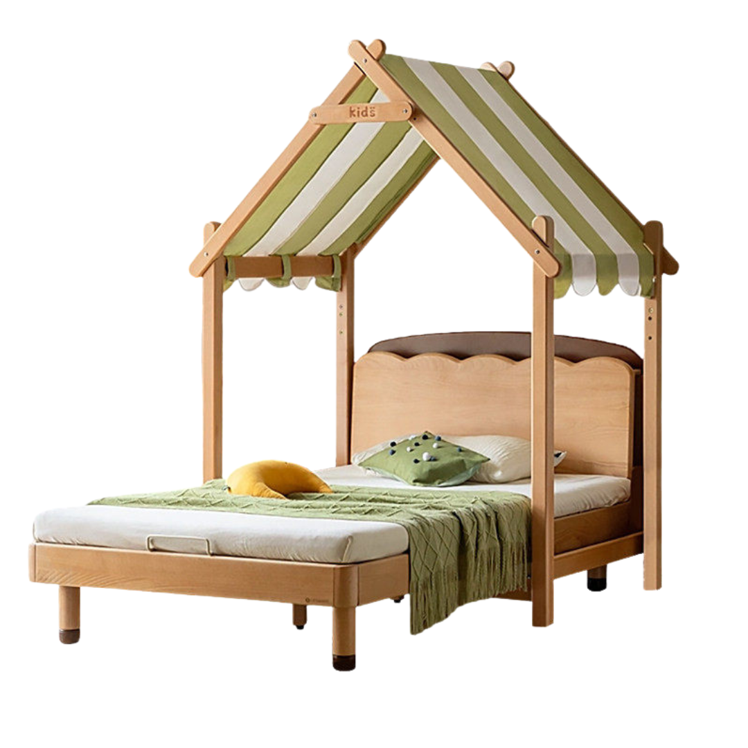 Beech Solid Wood Kids Bed with Scalloped Headboard and Hidden Storage