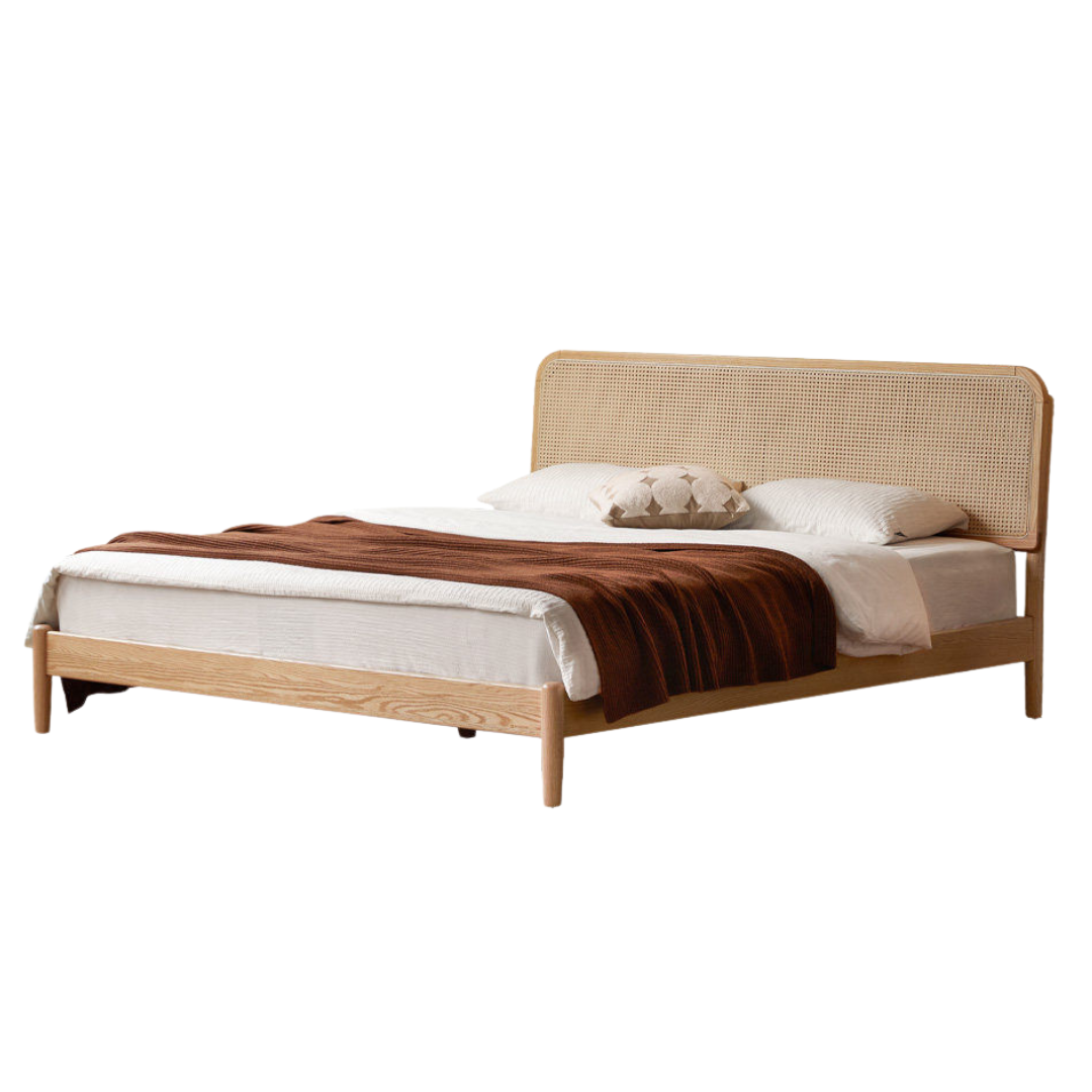 Oak Solid Wood Platform Bed with Curved Rattan Headboard