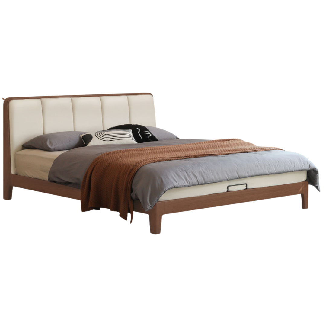 Oak, Rubberwood Solid Wood Genuine Leather, eco Leather Bed Modern