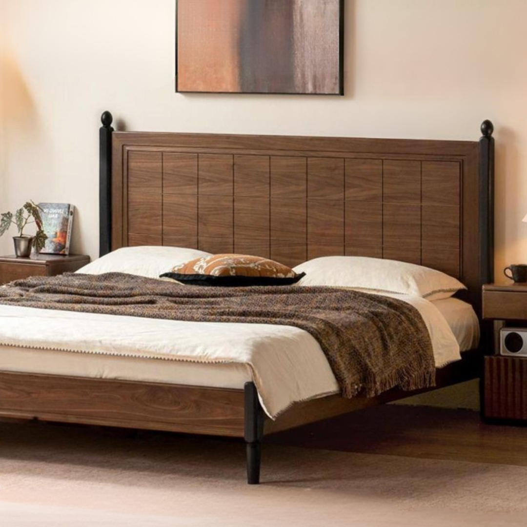 Black Walnut Solid Wood Four Poster Bed with Grid Panel Headboard