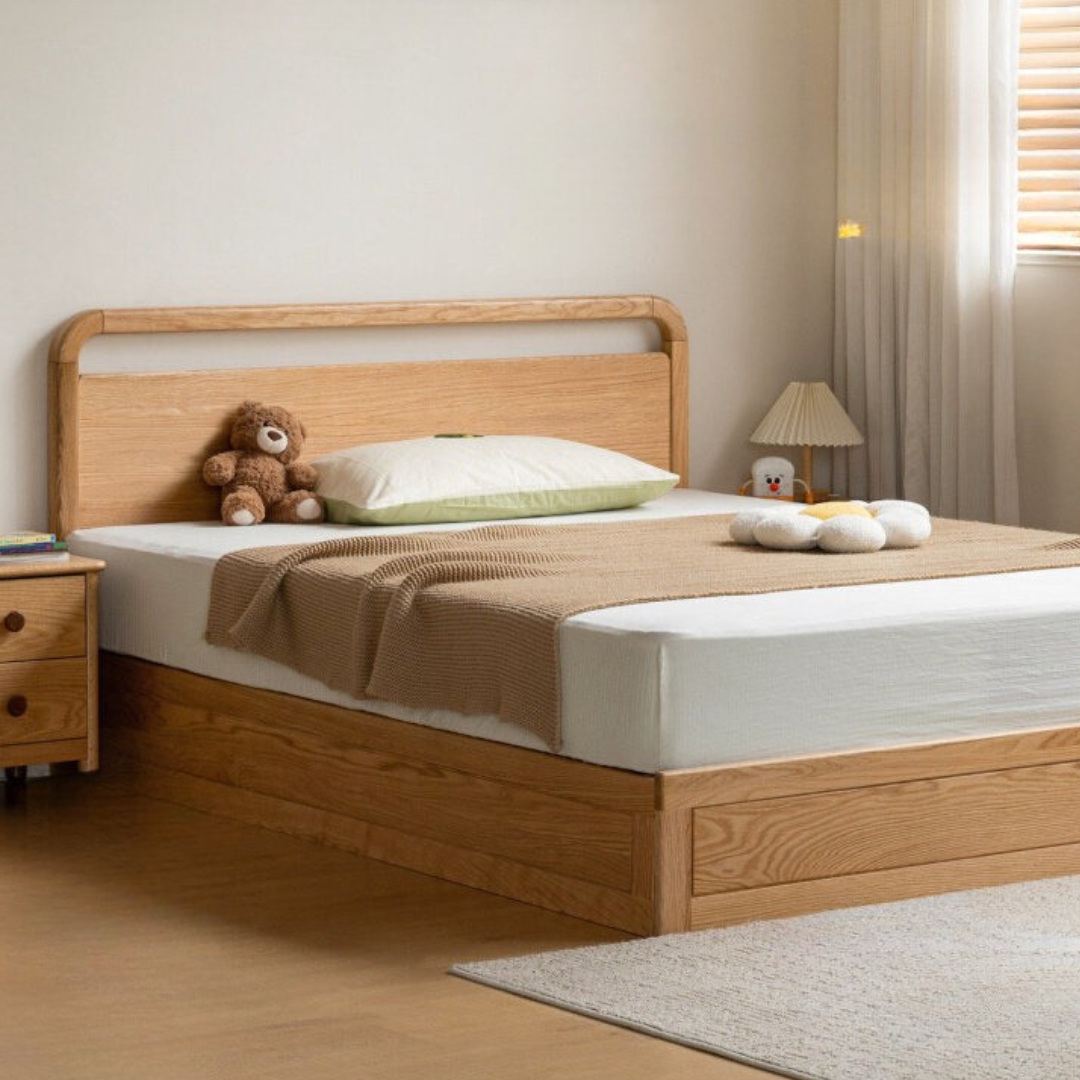 Oak, Rubberwood Solid Wood Storage Bed with Adjustable Height and Gas Lift