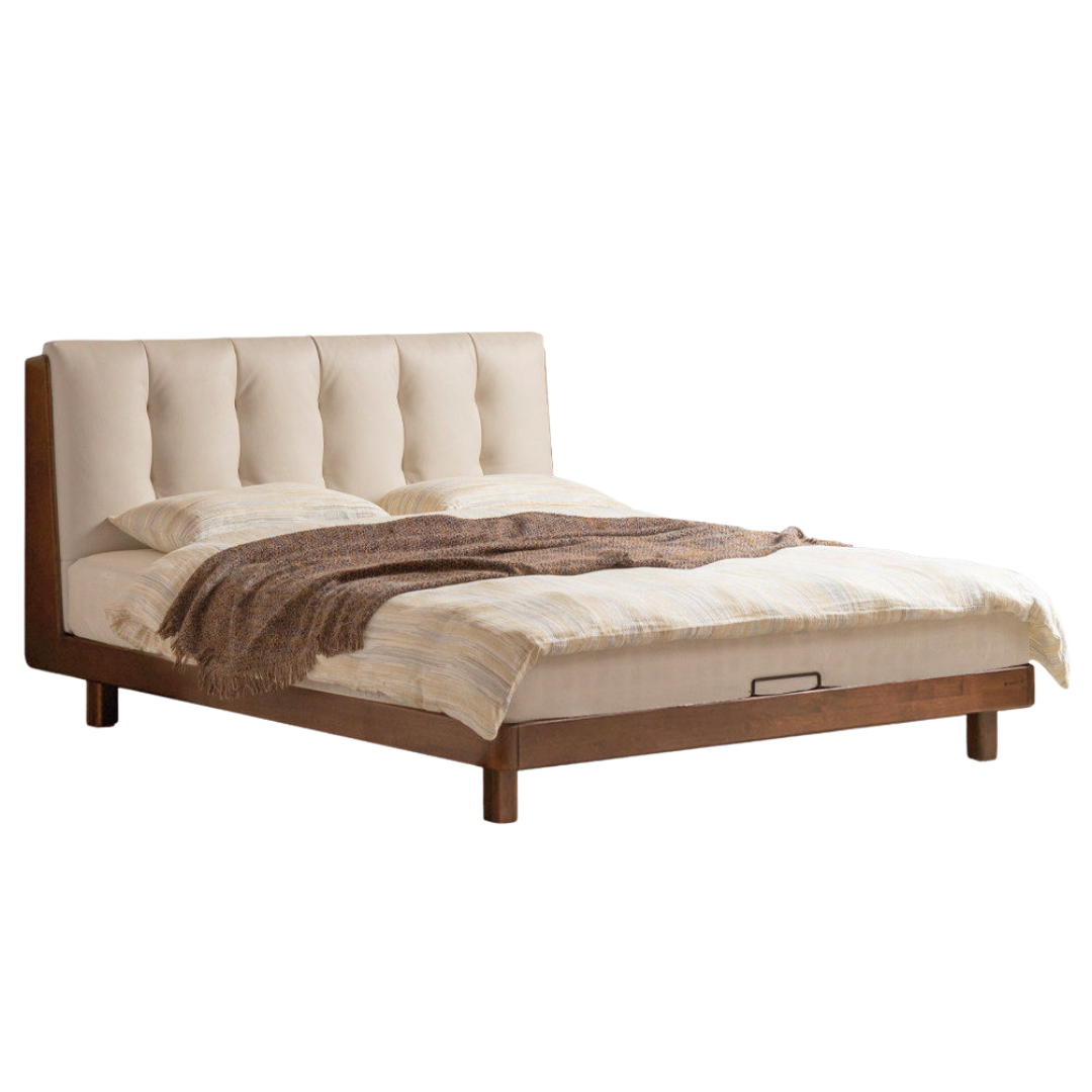 Rubberwood Solid Wood Italian Style Bed with Leather Headboard and Soft Goose Down Cushion