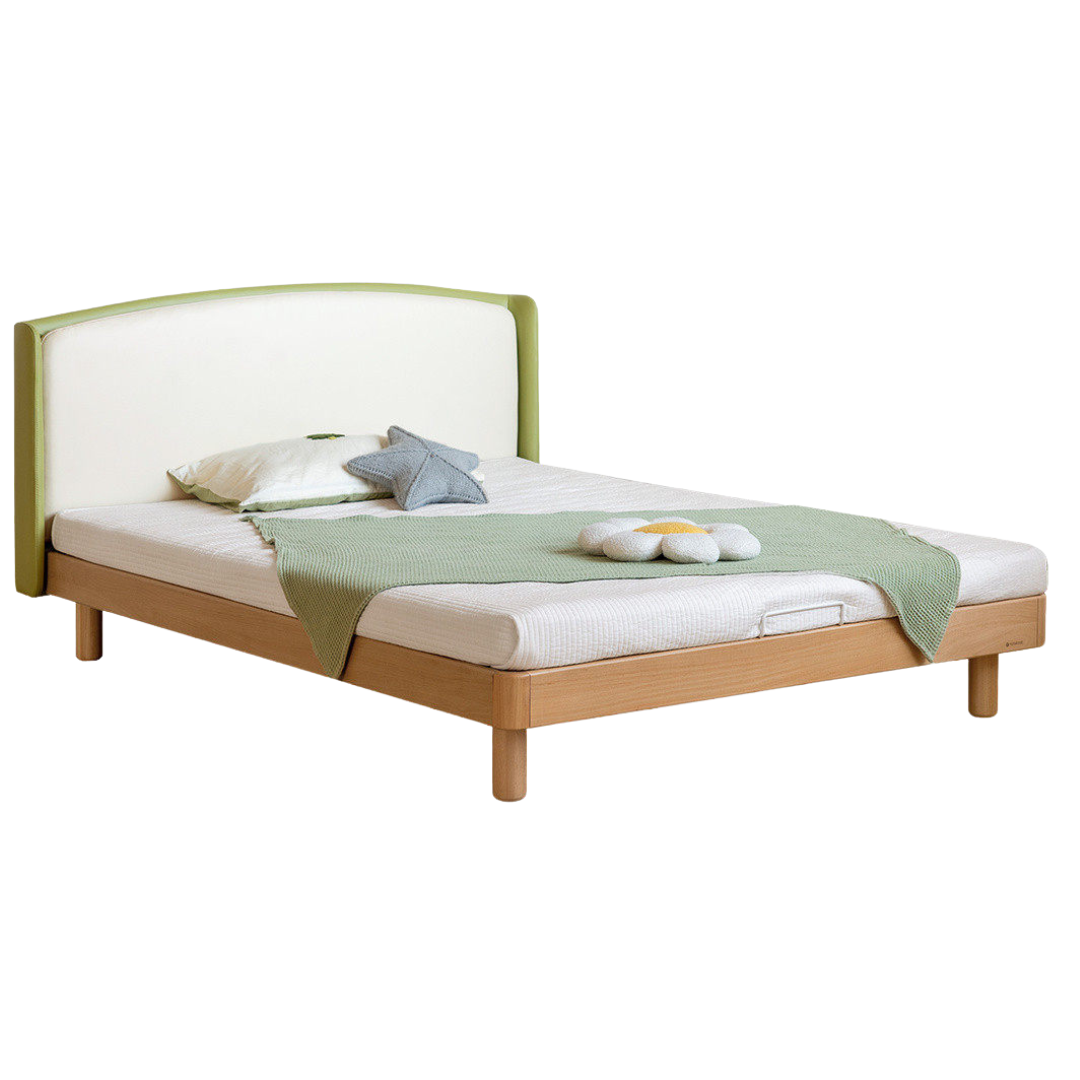 Beech Solid Wood Kids Upholstered Low Platform Bed with Curved Headboard