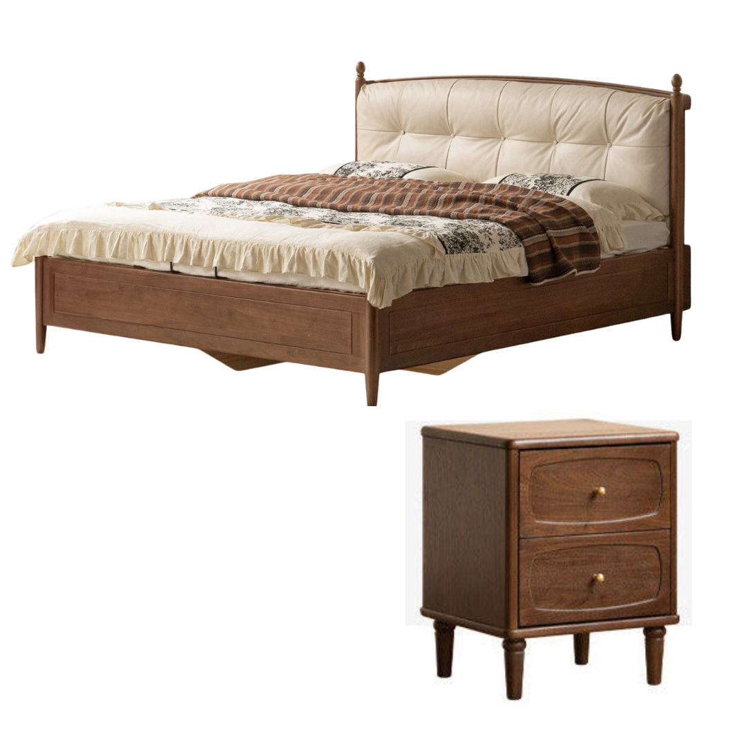 Black Walnut Solid Wood Four Poster Storage Bed with Tufted Headboard and Gas Lift