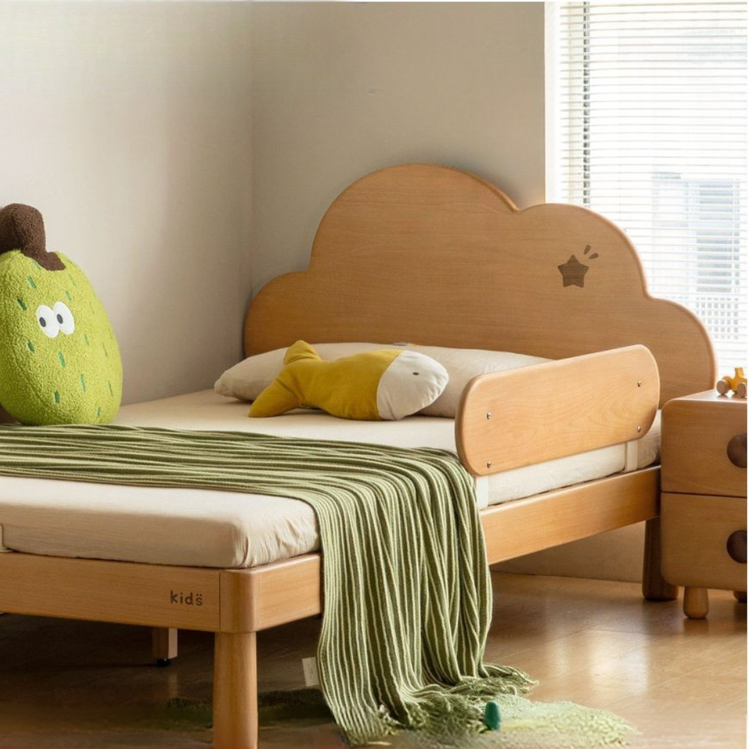 Beech Solid Wood Kids Montessori Platform Bed with Cloud Headboard