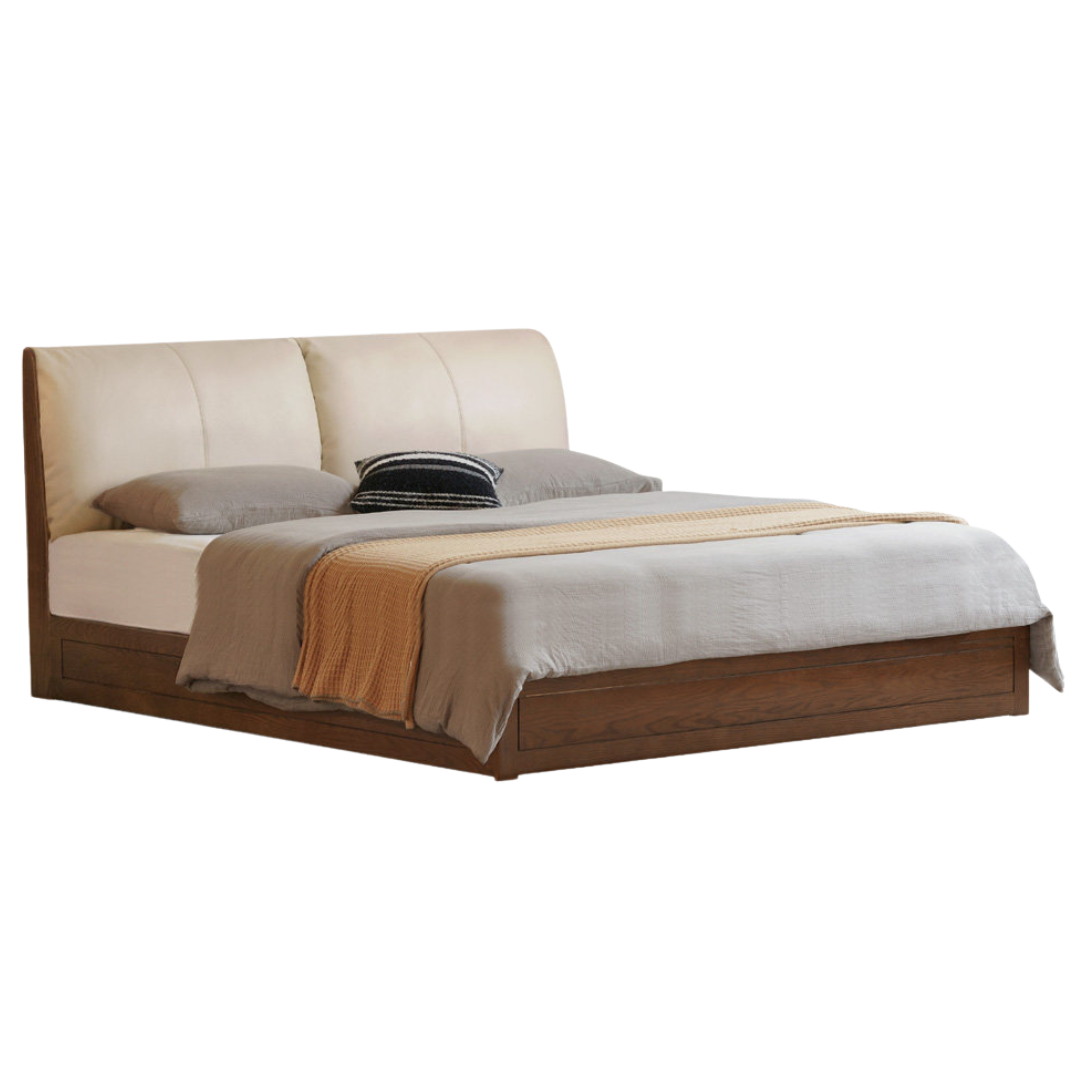 Oak Solid Wood Bed — Genuine leather, Fabric Upholstered Design