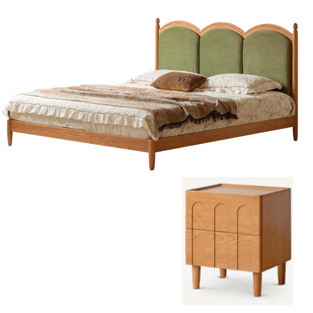Cherry Wood Solid Wood French Country Bed with Scalloped Arch Panel Headboard