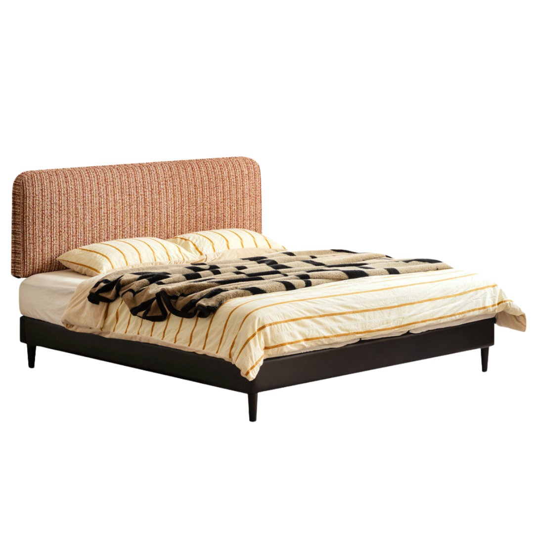 Terracotta Corduroy Storage Bed with Adjustable Headboard and Black Faux Leather Base