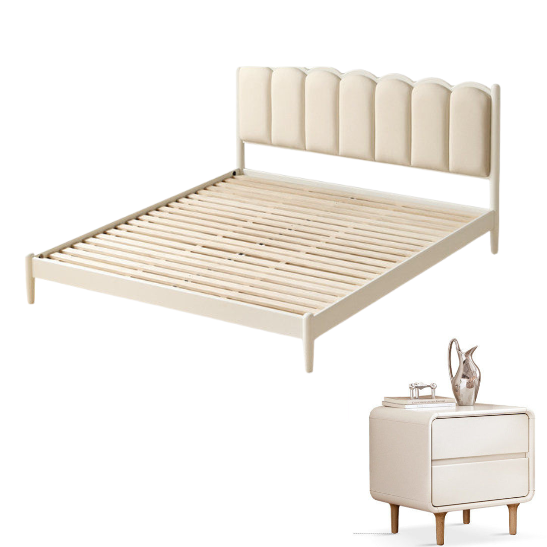 Rubberwood Solid Wood Upholstered Bed with Scalloped Headboard, French Cream Style