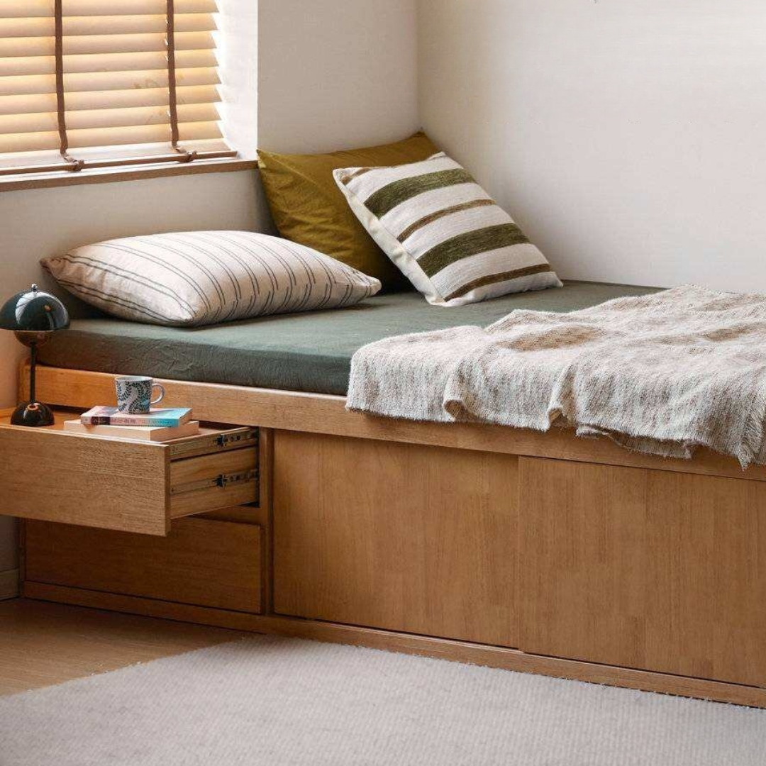 Rubberwood Solid Wood Low Platform Storage Bed with Side Drawers