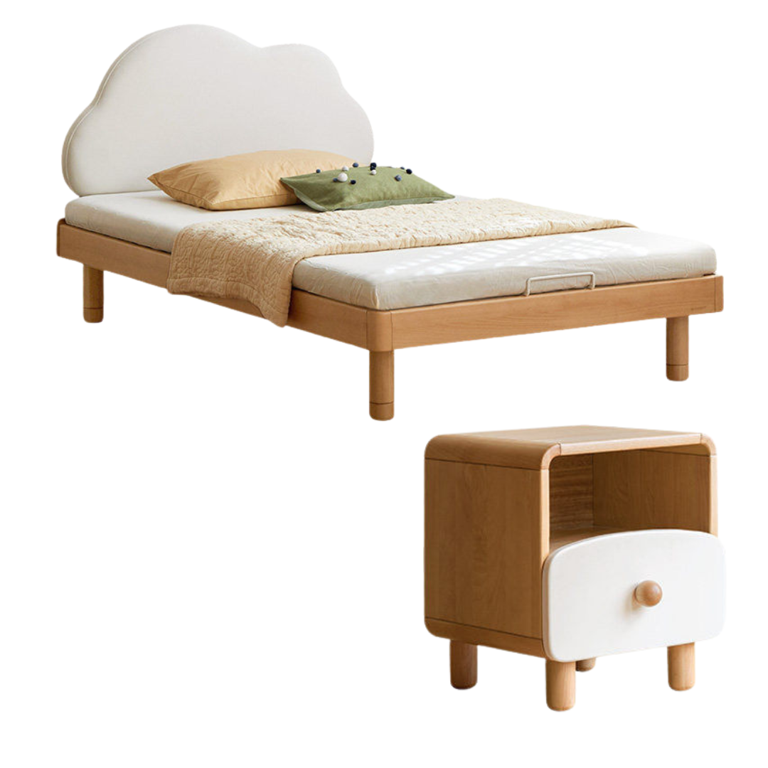 Beech Solid Wood Upholstered Kids Bed with Cloud-Shaped Headboard