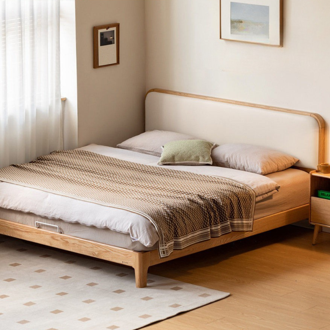 Oak, Rubber wood Solid Wood Bed Genuine Leather,Technology Fabric,Suede