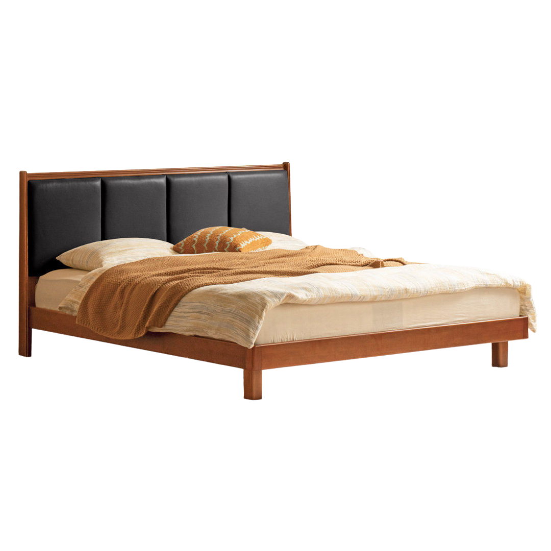 Poplar Solid Wood Mid-Century Piano Key Bed with Leather Upholstered Headboard