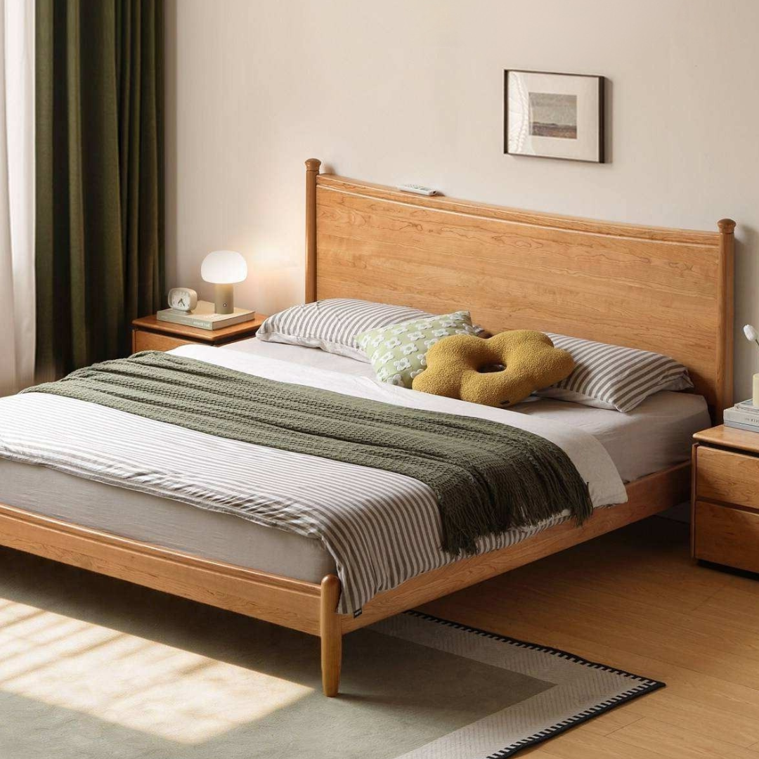 Cherry Solid Wood Nordic Platform Bed with Curved Panel Headboard