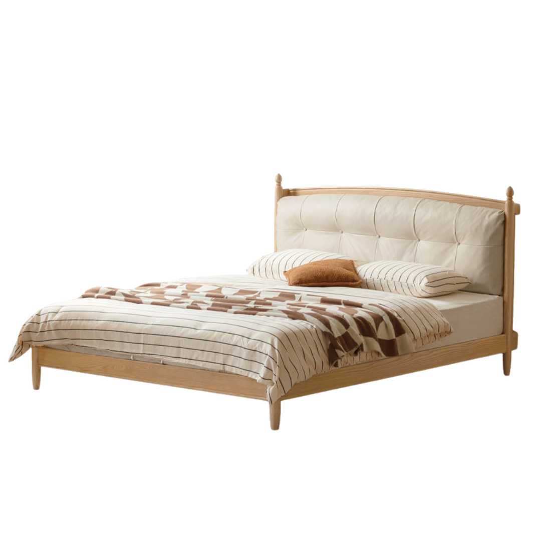 Oak, Ash Solid Wood Bed — Modern Minimalist with Genuine Leather and Soft Headboard