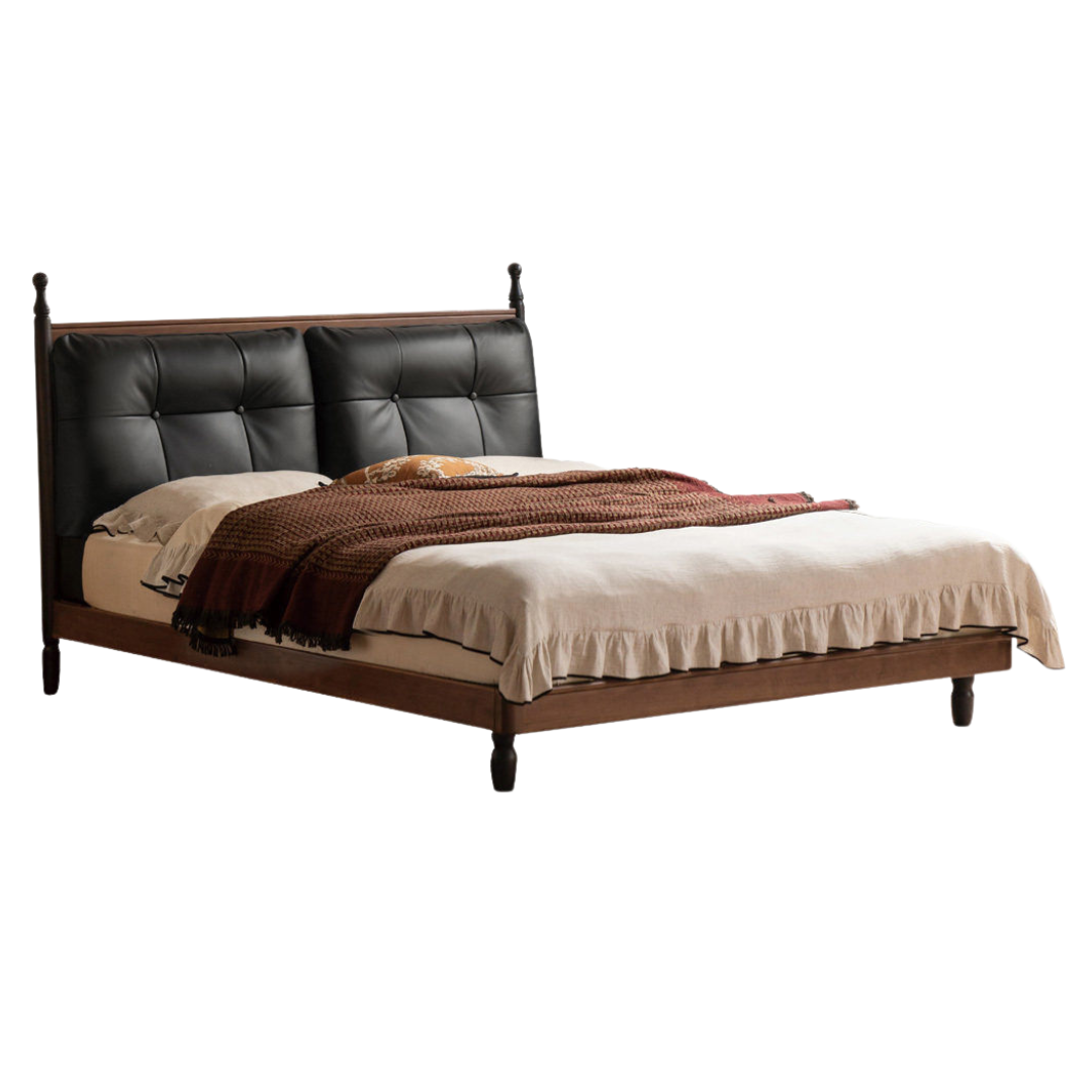 Black Walnut Solid Wood Leather Four Poster Bed with Tufted Headboard
