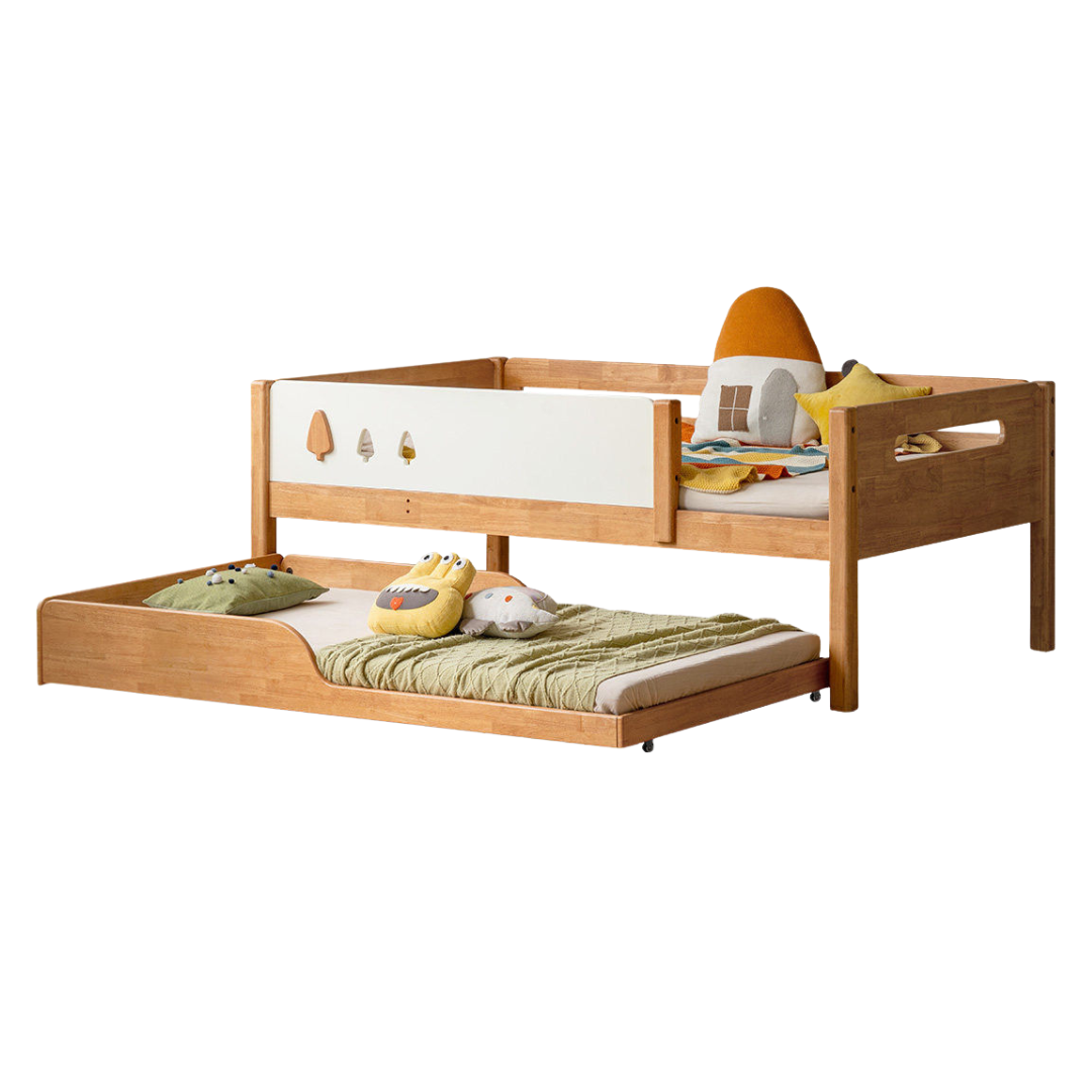Rubberwood Solid Wood Kids Daybed with Trundle and Safety Guardrails