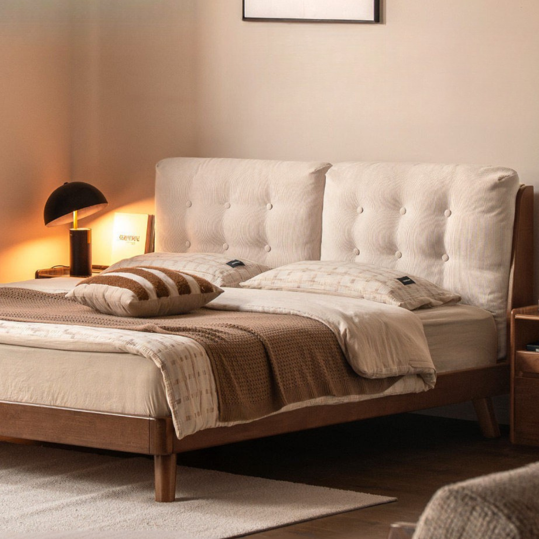 Rubberwood Solid Wood Bed with Oversized Soft Pillow Headboard