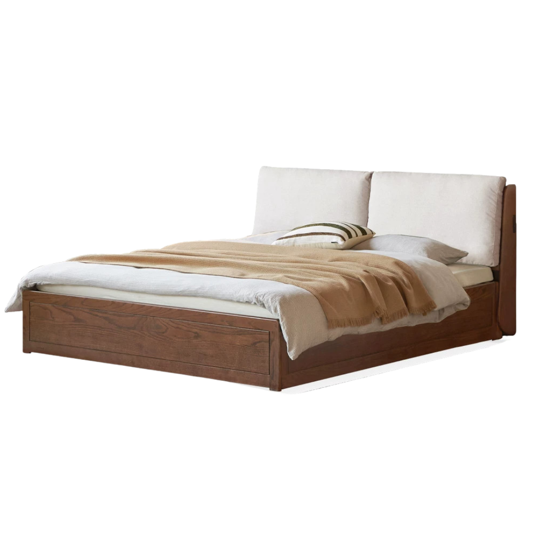 Oak Solid Wood Genuine Leather, Fabric Soft-Padded Box Bed