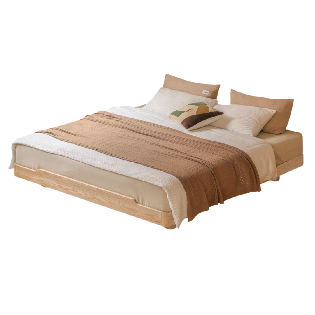 Oak, Beech, Ash Solid Wood Modern Platform Bed, Headboard-Free Suspended Bed with Light