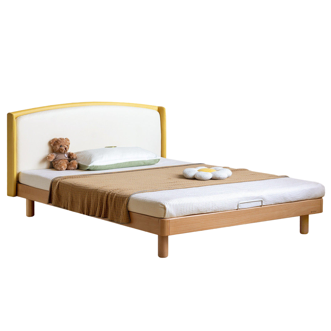 Beech Solid Wood Kids Upholstered Low Platform Bed with Curved Headboard
