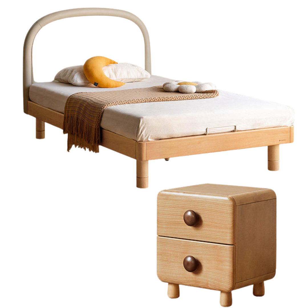 Beech solid wood Kids Bed with Round Headboard and Adjustable Height Legs