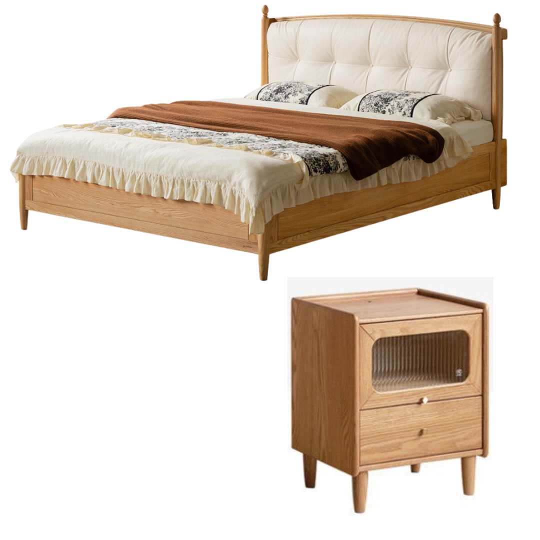 Oak, Ash Solid Wood Bed — Modern Minimalist with Genuine Leather and Soft Headboard