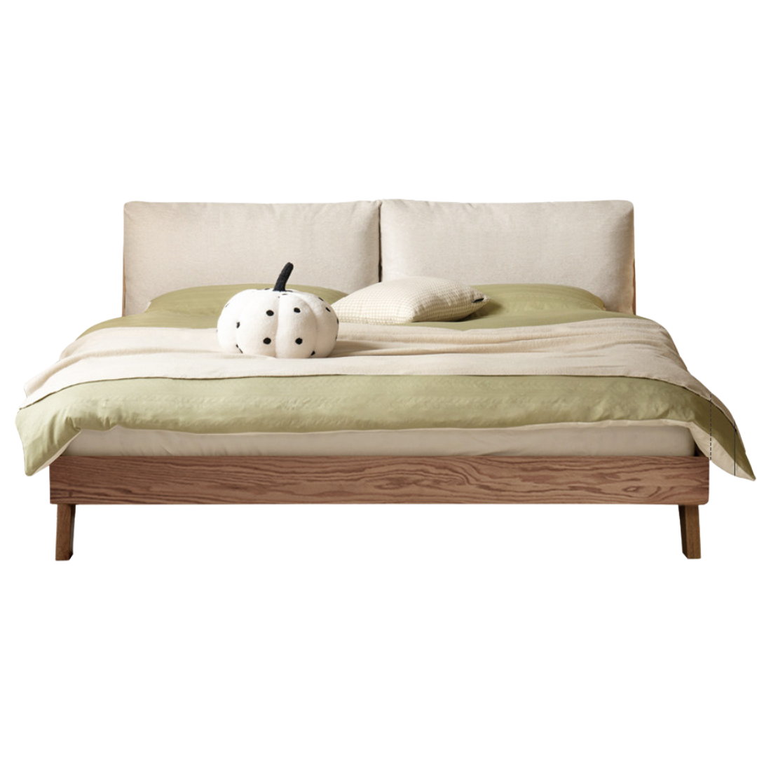 Oak Solid Wood Soft Genuine Leather, Fabric Bed