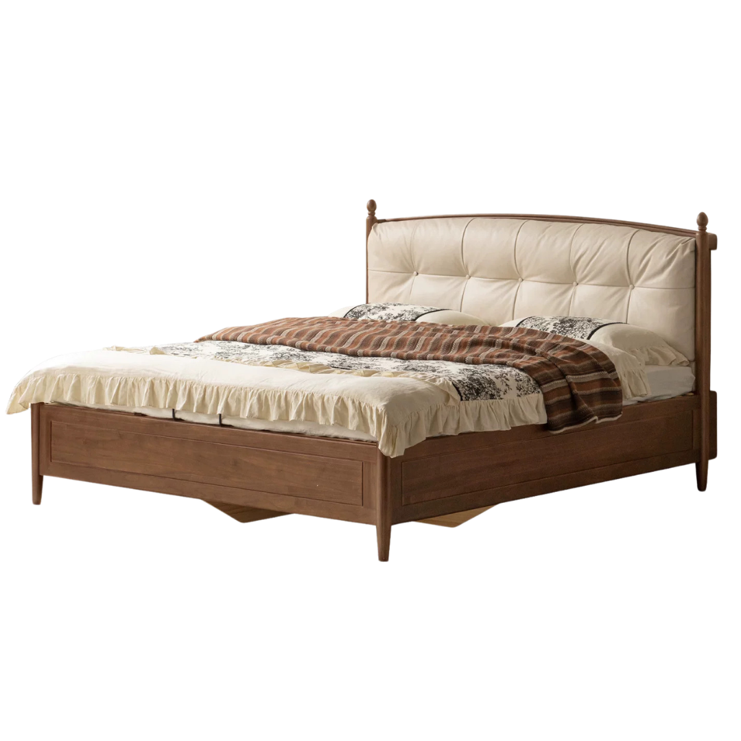 Black Walnut Solid Wood American Vintage Bed with Removable Headboard Cushion