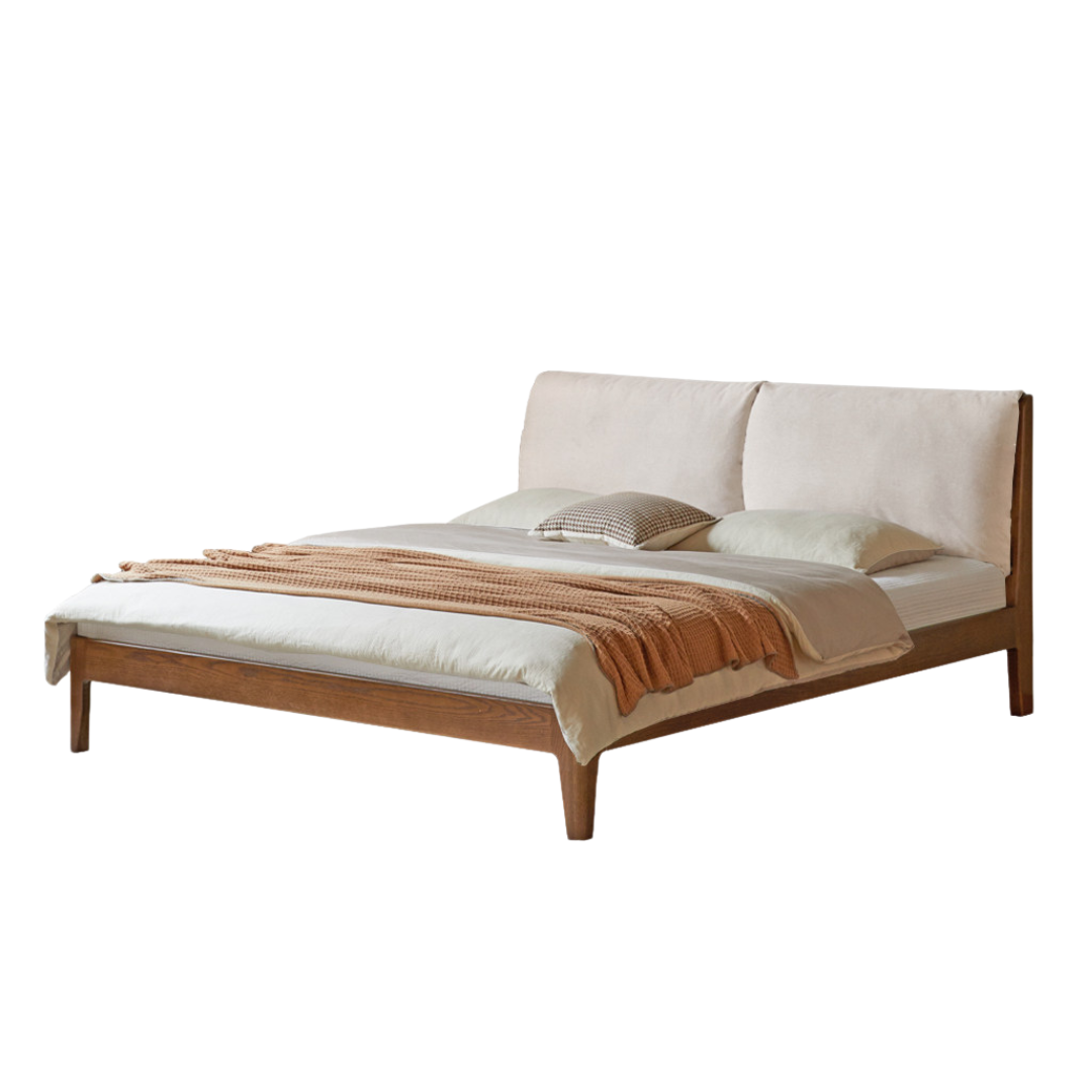 Oak Solid Wood Bed - Genuine Leather, Fabric Upholstered Soft