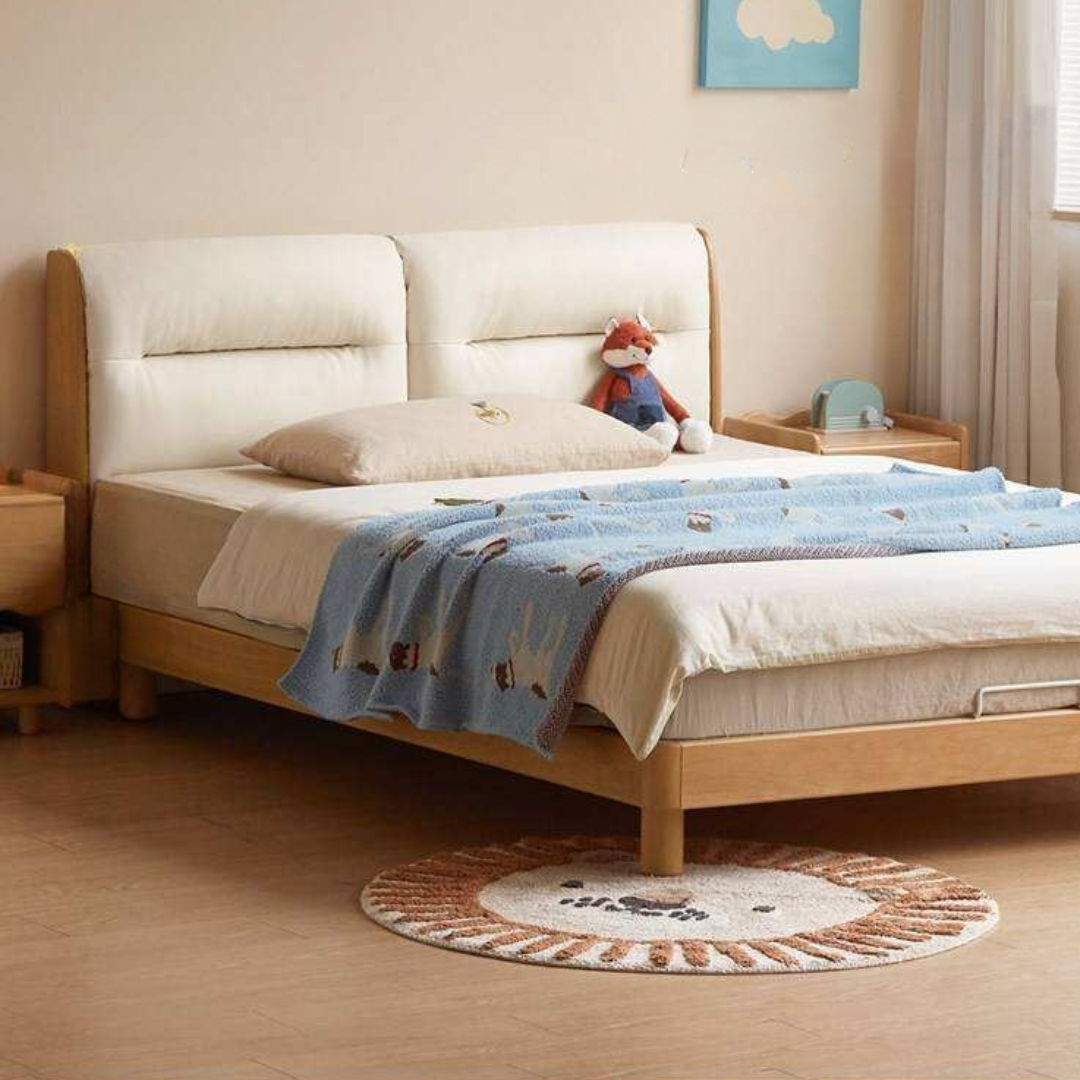 Beech Solid Wood Adjustable Height Kids Bed with Upholstered Segmented Headboard