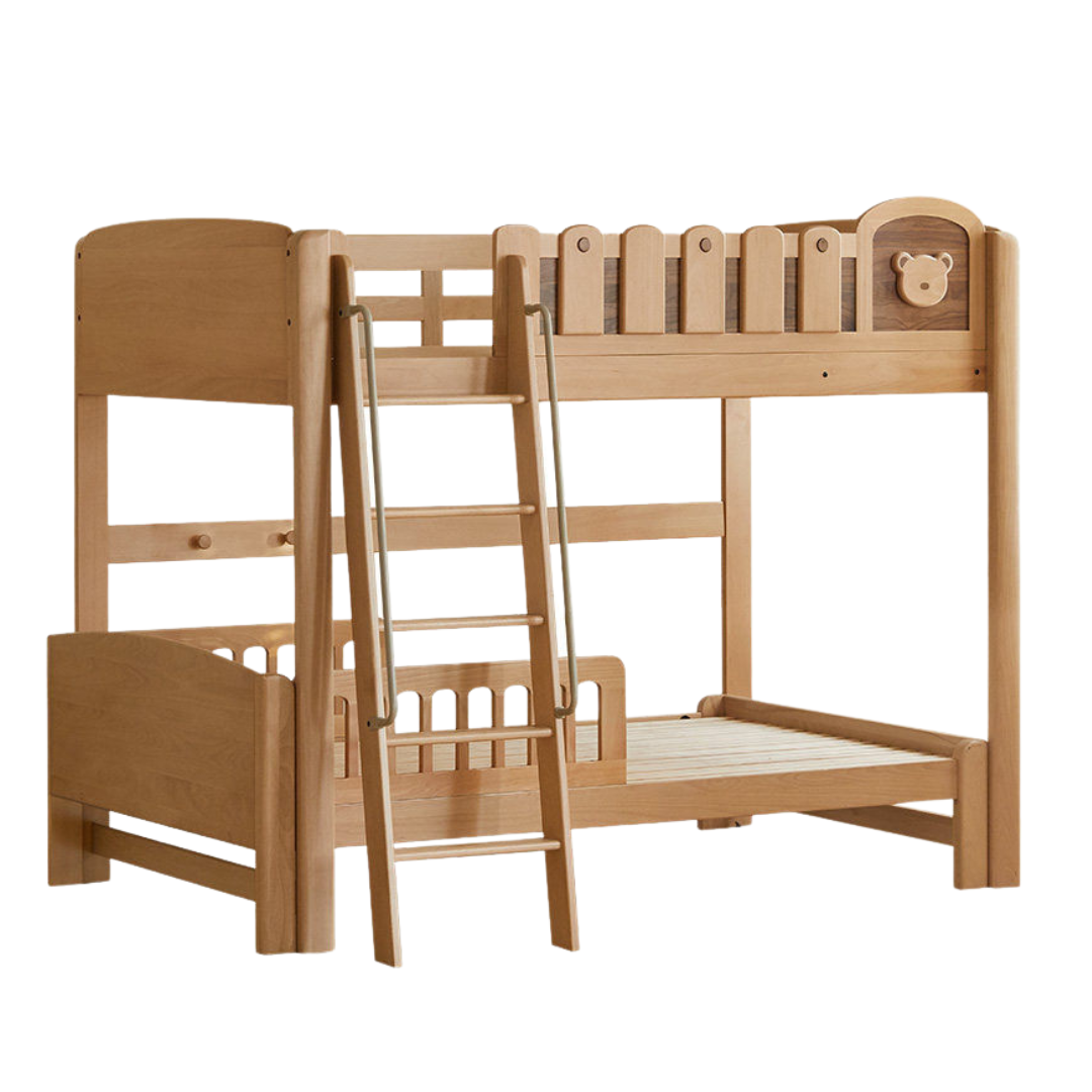 Beech Solid Wood L-Shaped Bunk Bed with Bookshelf Headboard and Detachable Guardrail
