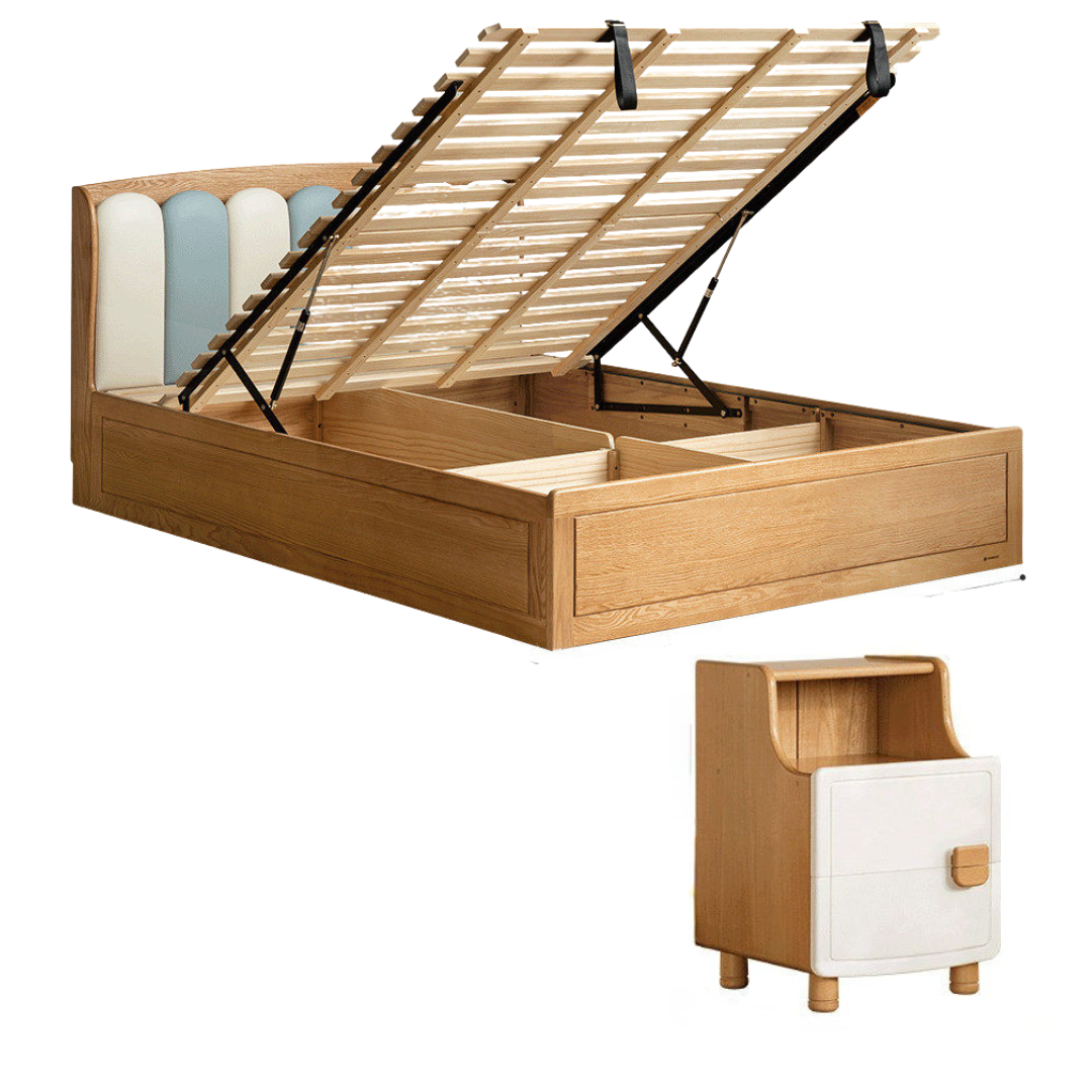 Oak Solid Wood Kids Bed with Adjustable Channel-Tufted Headboard and Gas-Lift Storage
