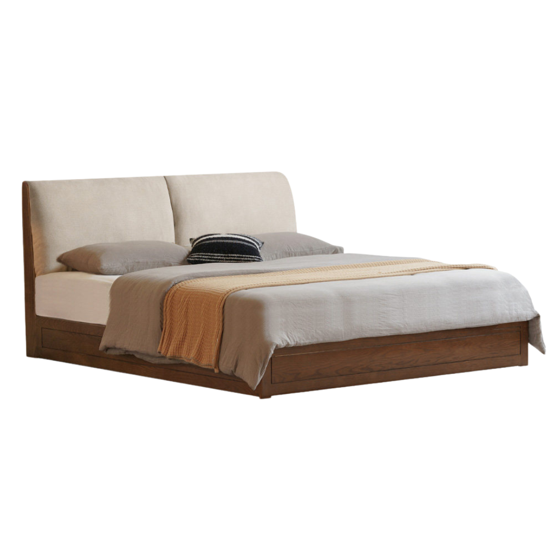 Oak Solid Wood Bed — Genuine leather, Fabric Upholstered Design