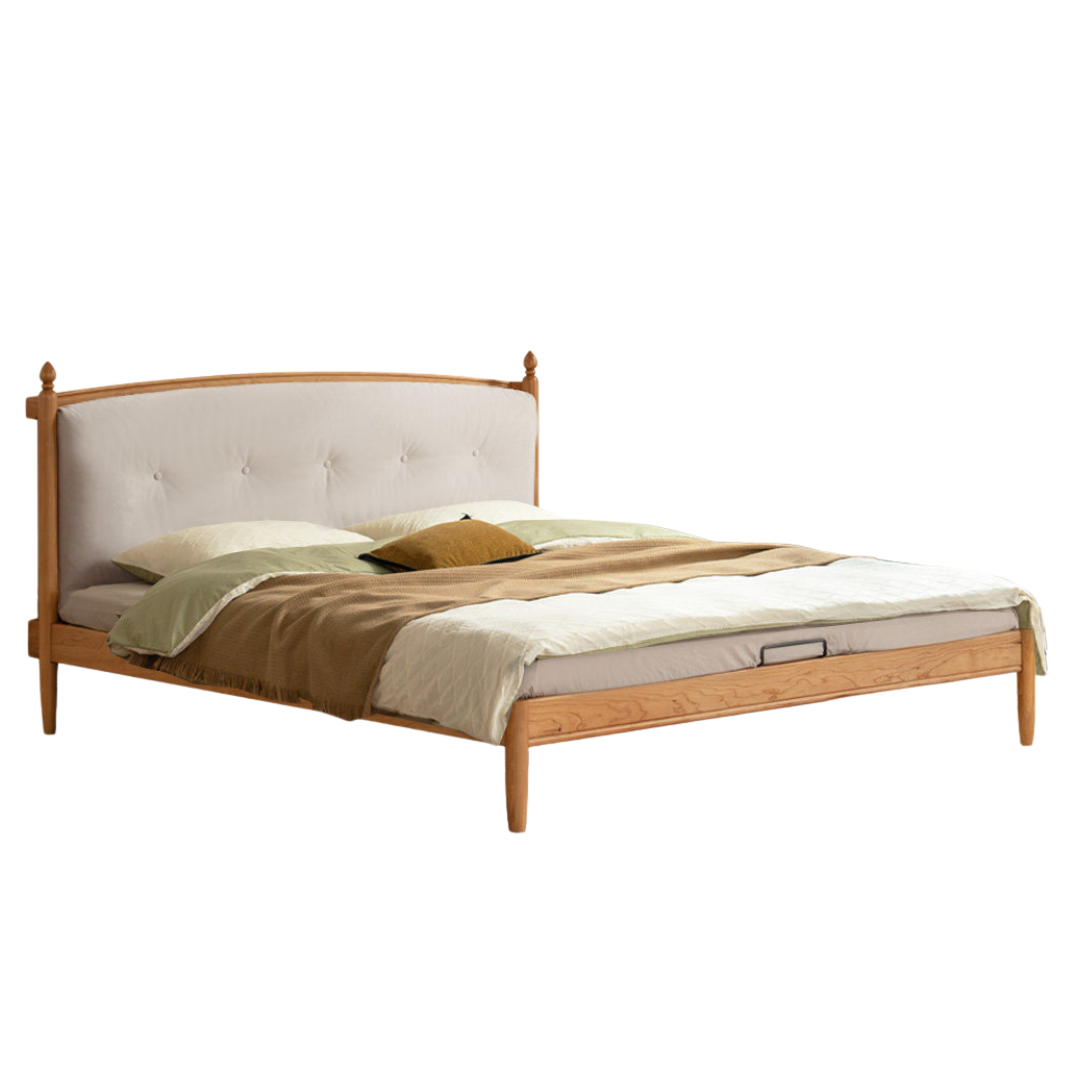 Cherry Solid Wood Upholstered Bed with Retro Design