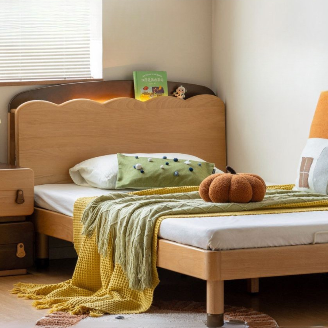 Beech Solid Wood Kids Bed with Scalloped Headboard and Hidden Storage