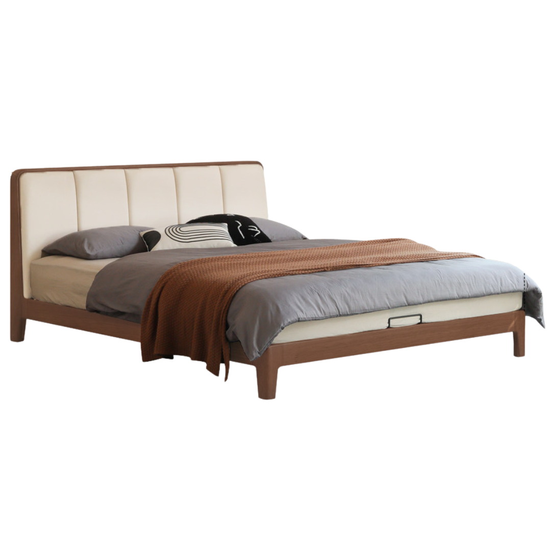 Oak, Rubberwood Solid Wood Genuine Leather, eco Leather Bed Modern