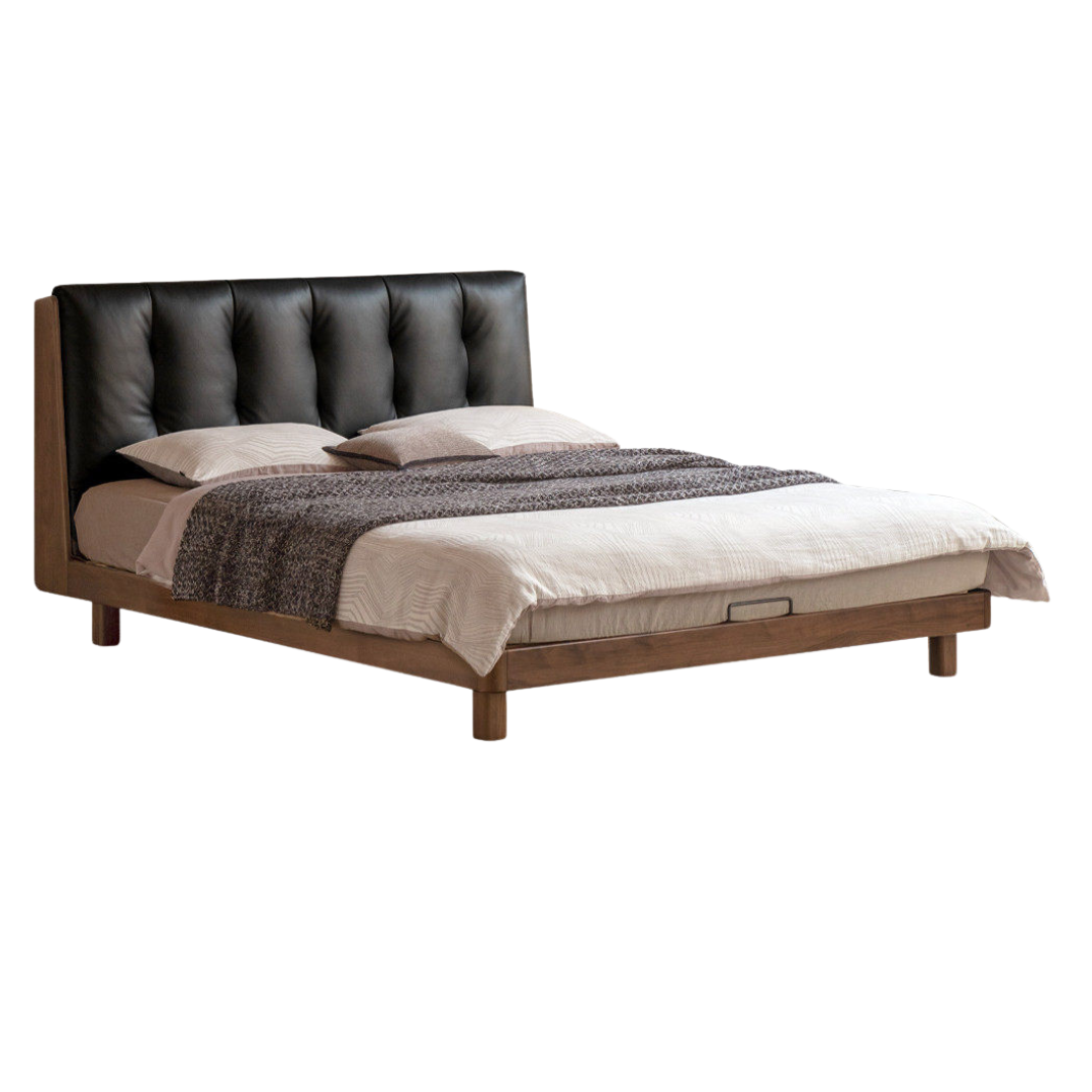 Black Walnut Solid Wood Leather Upholstered Platform Bed with Vertical Channel Tufted Headboard