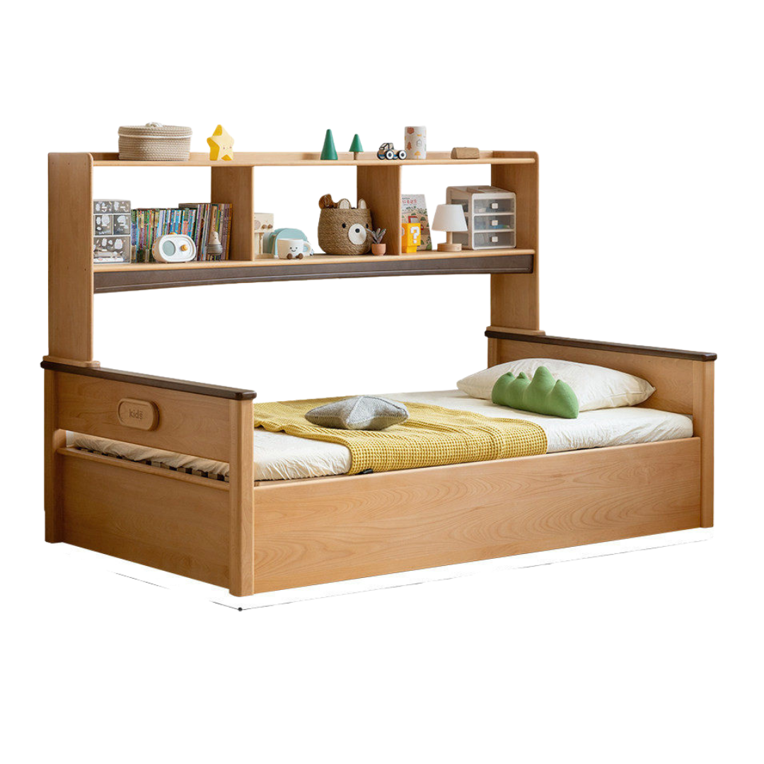 Beech Solid Wood Kids Storage Bed with Bookcase Headboard and Gas Lift Base