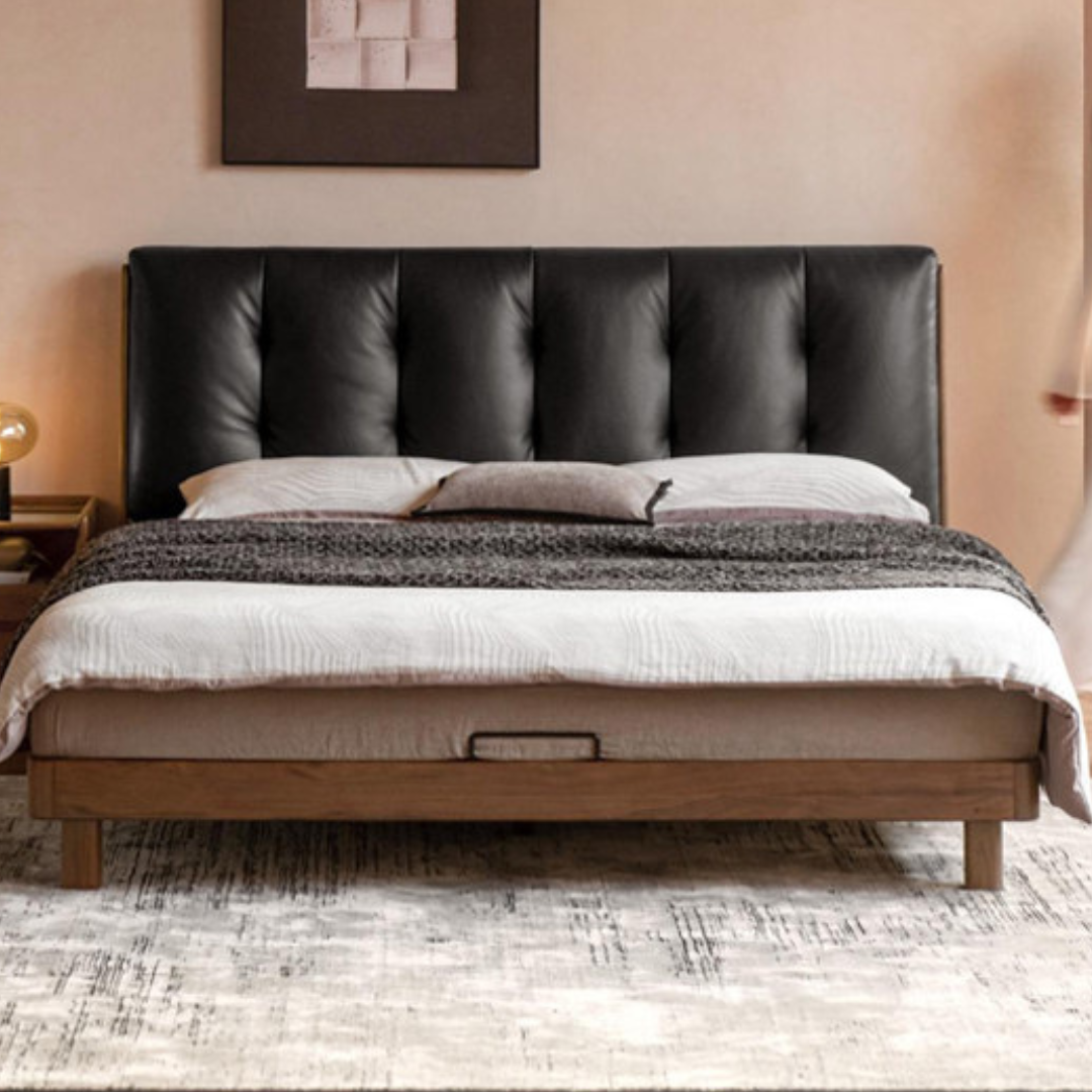 Black Walnut Solid Wood Leather Upholstered Platform Bed with Vertical Channel Tufted Headboard